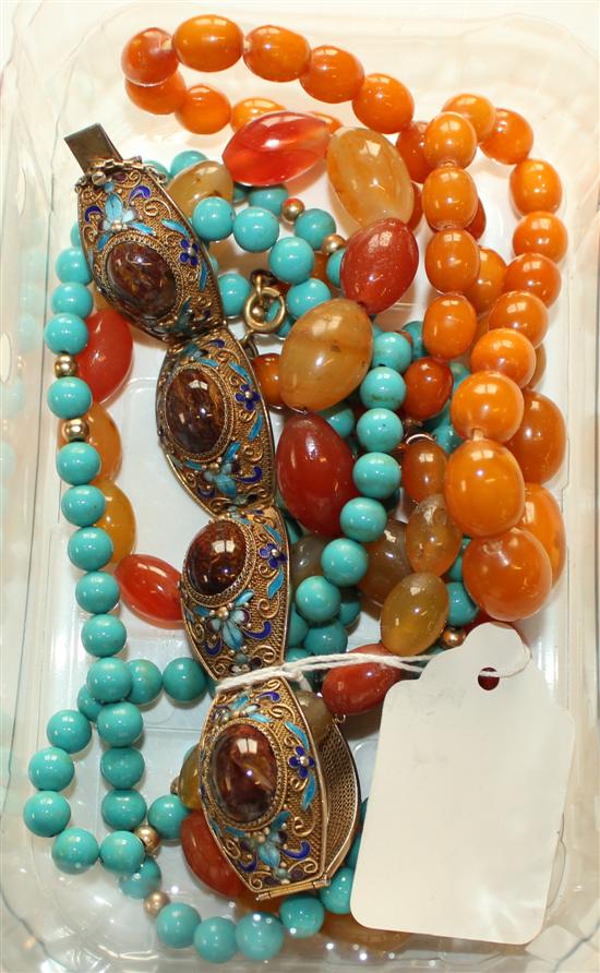 Amber necklace, turquoise bead necklace and silver gilt enamel & jasper bracelet and one other necklace.